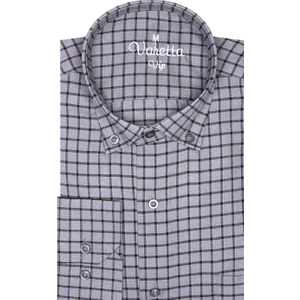 Erkek Gri Uzun Kol Ekose Kareli Klasik Kesim Yaka Düğmeli Cepli Gömlek