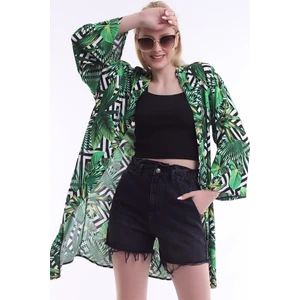Bayan Yeşil Yaprak Desenli Uzun Kimono