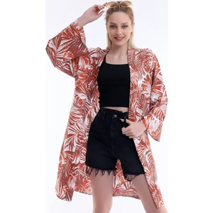 Bayan Kızıl Kahve Desenli Uzun Kimono