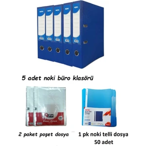 Mavi Geniş Klasör Plastik 5 Adet 1 Paket Telli Dosya ve Poşet Dosya 2 Paket