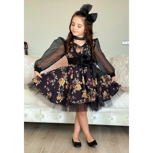 Kız Çocuk Black Flowers Tütülü Elbise