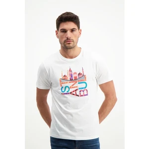 Erkek Istanbul Baskılı Beyaz Bisiklet Yaka T-Shirt