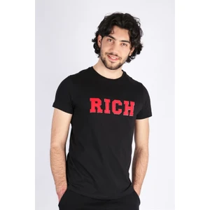 Erkek Nakış Baskılı Siyah Bisiklet Yaka T-Shirt