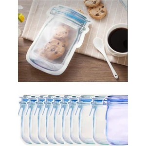10 Adet Büyük Boy Kavanoz Görünümlü Kilitli Saklama Poşeti 600 ml Mavi