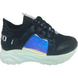 Patik Siyah Hologramlı Düz Aynalı Kız Çocuk Günlük Spor Ayakkabı Bağcıklı Triko