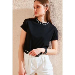 Yakası Baskılı Bisiklet Yaka Basic Örme T Shirt Kadın T Shirt 5864054