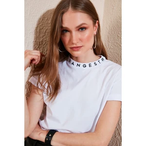 Yakası Baskılı Bisiklet Yaka Basic Örme Tshirt Kadın Tshirt 5864054