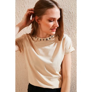 Yakası Baskılı Bisiklet Yaka Basic Örme Tshirt Kadın Tshirt 5864054