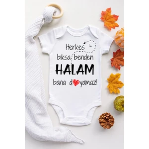 Unisex Bebek Beyaz Halam Bana Doyamaz Kısa Kol Çıtçıtlı Body Zıbın