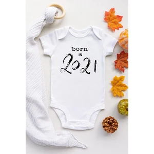Unisex Bebek Beyaz Born In 2021 Çıtçıtlı Kısa Kol Body Zıbın