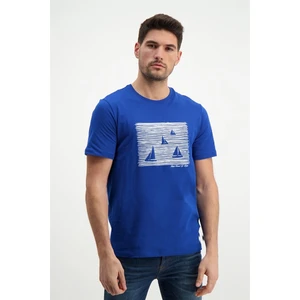 Erkek Bisiklet Yaka Baskılı Sax Mavi T-Shirt
