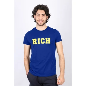 Erkek Nakış Baskılı Sax Mavi Bisiklet Yaka T-Shirt