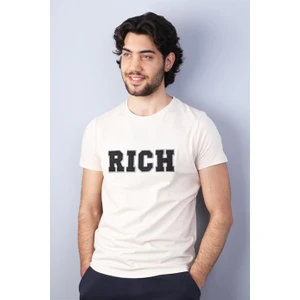 Erkek Nakış Baskılı Bej Bisiklet Yaka T-Shirt