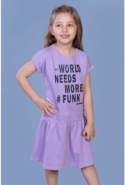 Toontoy Kids Toontoy Kız Çocuk Renkli Yazı Baskılı Büzgü Detaylı Elbise