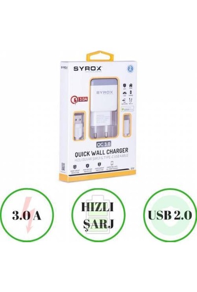 Syrox Huawei Mate 20 Lite Uyumlu Type-C Girişli Hızlı Şarj Cihazı Seti Adaptör+Kablo Q32 3.0A Beyaz