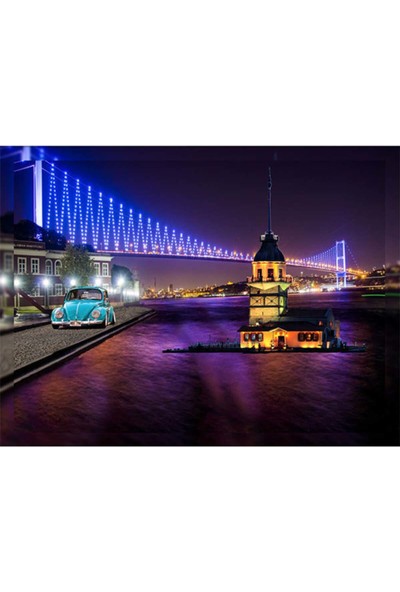 Hobimania Kanvas Tablo Boğaz Köprüsü Kız Kulesi Vosvos LED Işıklı 70X100 cm Duvar Dekorasyon Tablo Moda