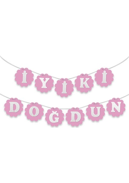 Pembe Üzeri Beyaz Harflerle Iyiki Doğdun Yazılı Strafor Doğum Günü Flama 3 Metre