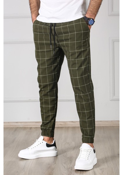 Ekoseli Haki Jogger Pantolon Erkek Dar Kesim Gabardin Kumaş 2021 Sezonsuz