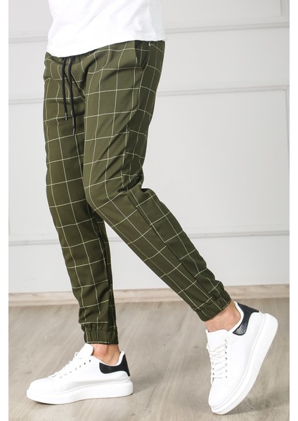 Ekoseli Haki Jogger Pantolon Erkek Dar Kesim Gabardin Kumaş 2021 Sezonsuz modelleri