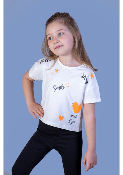 Toontoy Kız Çocuk Crop Model Neon Baskılı Tişört