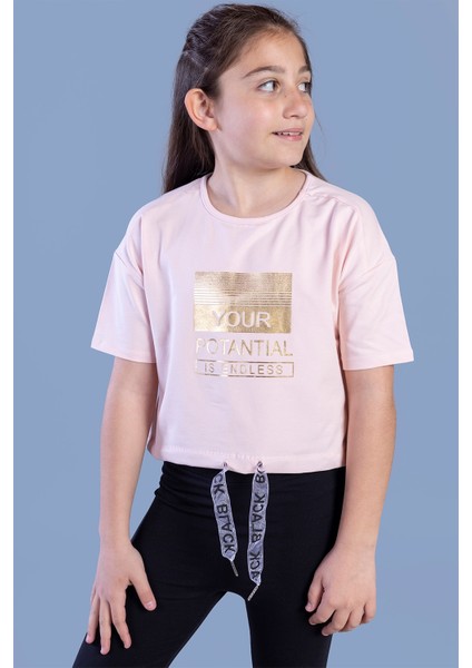 Toontoy Kız Çocuk Crop Model Kordon Detaylı Varak Baskılı Tişört