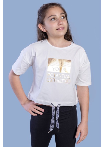 Toontoy Kız Çocuk Crop Model Kordon Detaylı Varak Baskılı Tişört