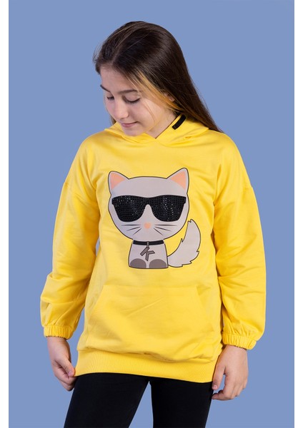 Toontoy Kız Çocuk Kedi Desenli Taş Işlemeli Kanguru Cepli Sweatshirt