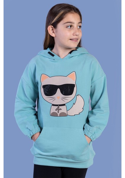 Toontoy Kız Çocuk Kedi Desenli Taş Işlemeli Kanguru Cepli Sweatshirt