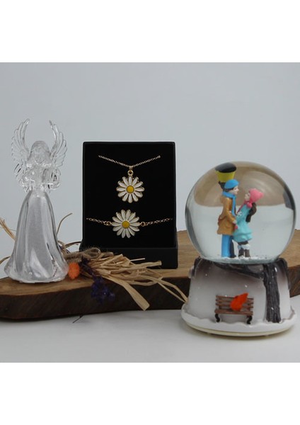 Kolye Papatya Bileklik Altın Kaplama Özel Kutulu & Melek Biblo Işıklı Kar Küresi Işıklı Müzikli Set Hediye