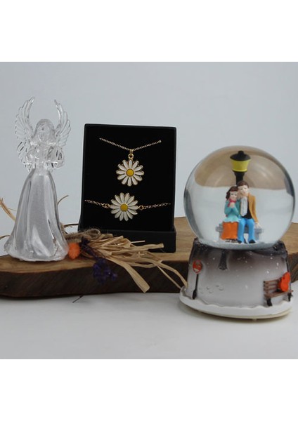 Kolye Papatya Bileklik Altın Kaplama Özel Kutulu & Melek Biblo Işıklı Kar Küresi Işıklı Müzikli Set Hediye fırsatları