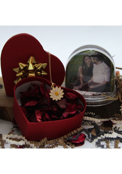 Küresi Oval Çift Taraflı & Papatya Kolye Altın Kaplama Özel Kalp Kutulu Set Hediye fiyatları