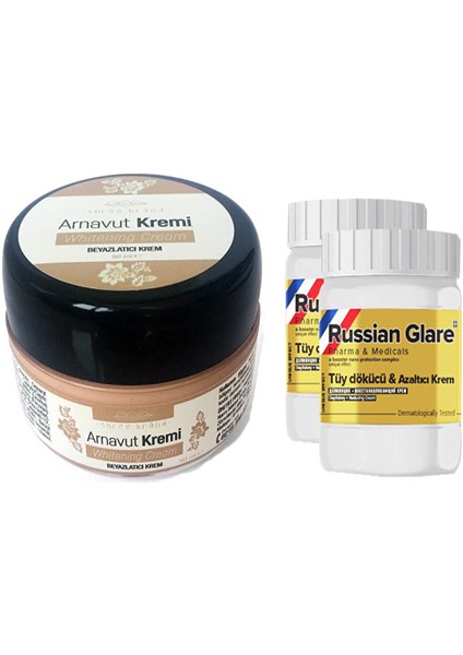 Whitening Cream 50 ml Arnavut Kremi Aklık Kremi 1 Adet + Russıan Glare Tüy Dökücü Azaltıcı Merhem 50ML 2 Adet