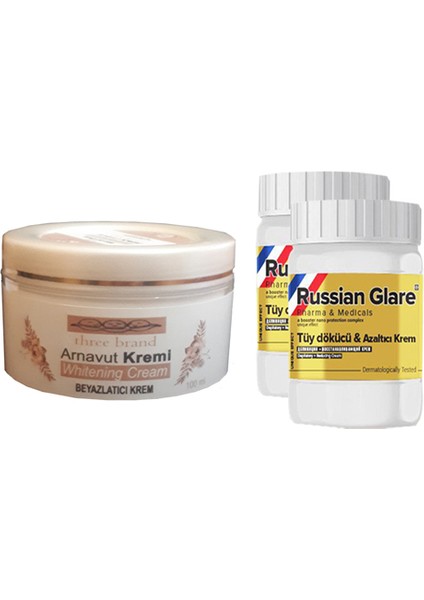 Whitening Cream 100 ml Arnavut Kremi Aklık Kremi + Russıan Glare Tüy Dökücü Azaltıcı Merhem 50 ml 2 Adet