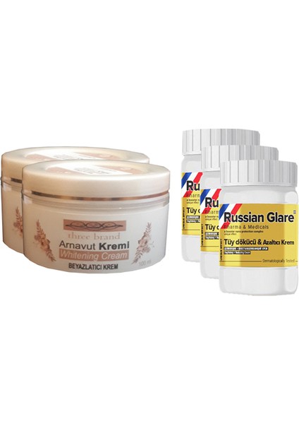 Whitening Cream 100 ml Arnavut Kremi Aklık Kremi 2 Adet + Russıan Glare Tüy Dökücü Azaltıcı Merhem 50 ml 3 Adet