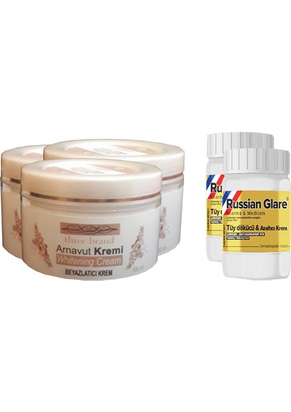 Whitening Cream 100 ml Arnavut Kremi Aklık Kremi 3 Adet + Russıan Glare Tüy Dökücü Azaltıcı Merhem 50 ml 2 Adet