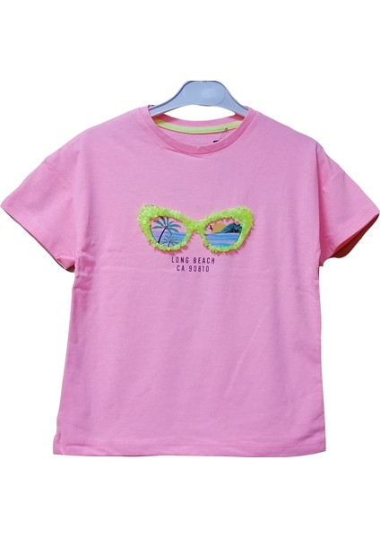 Kız Çocuk Pembe Gözlük Desenli Bisiklet Yaka Kısa Kol T-Shirt 9326-1