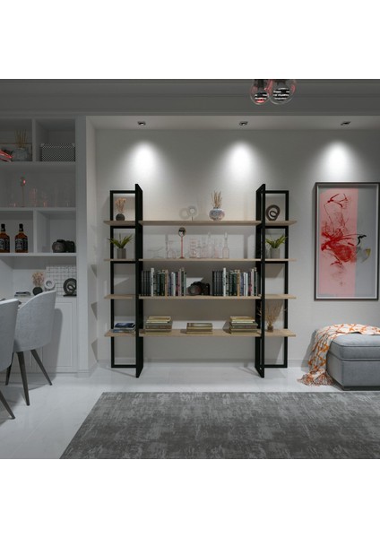 Dekoratif Ahşap ve Metal Kitaplık Çok Amaçlı Raf