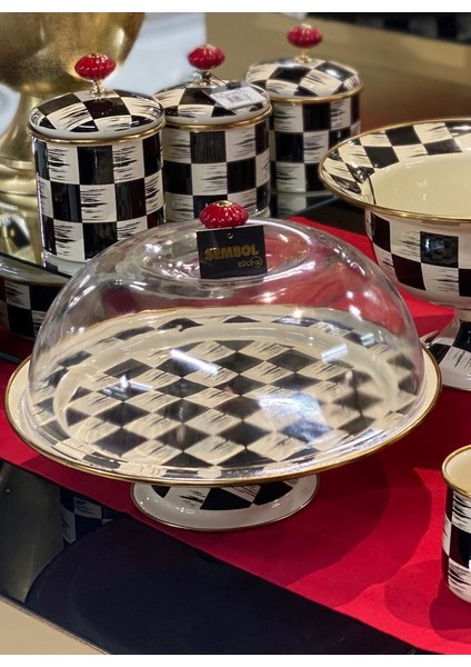 Damalı Emaye Ayaklı Kek Fanus