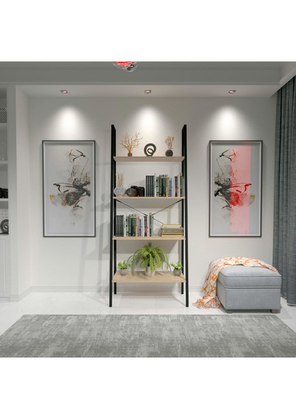 Dekoratif Ahşap ve Metal Kitaplık Çok Amaçlı Raf