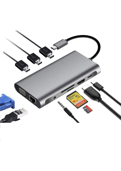 10 In 1 USB 3.0 HDMI 4K Sd Macbook Type-C Hub Çevirici Çoklayıcı