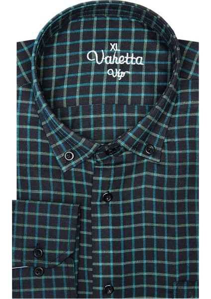 Erkek Siyah Yeşili Uzun Kol Ekose Kareli Klasik Kesim Yaka Düğmeli Cepli Gömlek