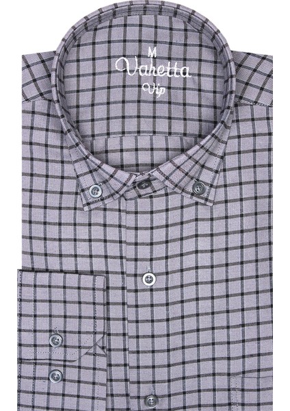 Erkek Gri Uzun Kol Ekose Kareli Klasik Kesim Yaka Düğmeli Cepli Gömlek