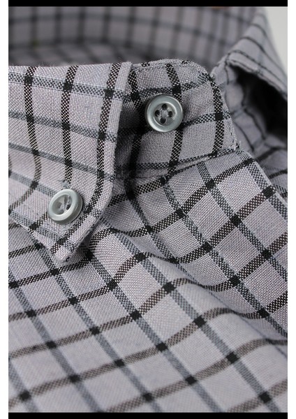 Erkek Gri Uzun Kol Ekose Kareli Klasik Kesim Yaka Düğmeli Cepli Gömlek modelleri