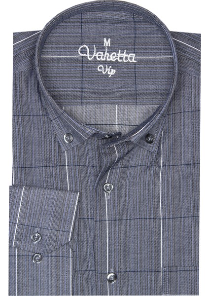 Erkek Kot Mavi Kareli Yaka Düğmeli Cepli Uzun Kollu Gömlek