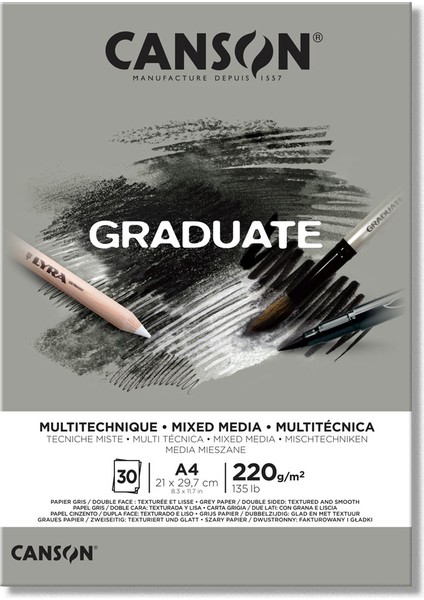 Graduate Mi x Ed Media Çok Amaçlı Çizim Defteri Gri Yaprak 220 gr A4 30 Sayfa