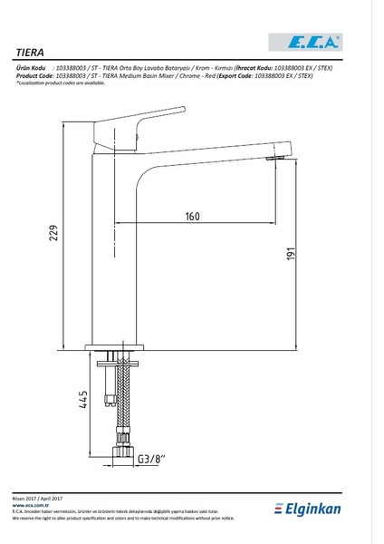 Eca Tıera Orta Tip Lavabo Bataryası Krom-Kırmızı 103388003 fiyatları