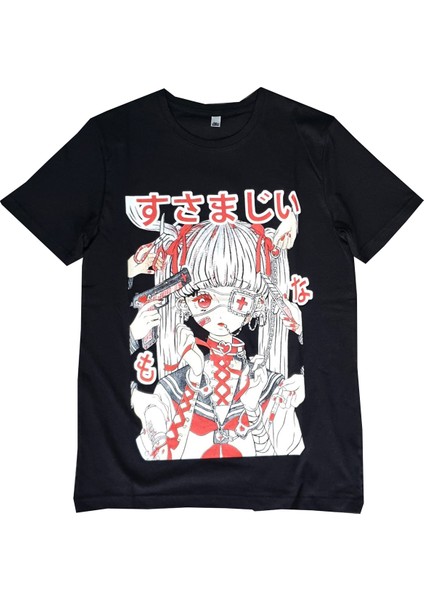 Unisex Siyah Anime Baskılı Oversize T-Shirt