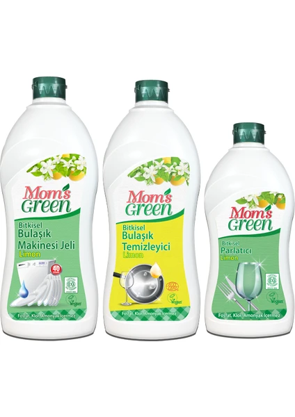 Mom's Green 3'lü Set Mom's Green Bulaşık Makinesi Jeli Deterjanı 1 Lt + Elde Bulaşık Limon 1 L + Parlatıcı 500 ml