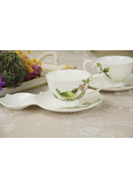 Kabartma Kuşlu Tekli Çay Fincanı Tekli Kuş Desenli