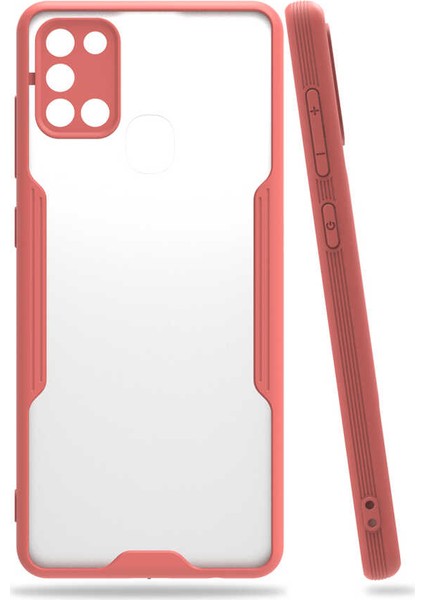 - Samsung Galaxy A21S - Kılıf Kenarı Renkli Arkası Şeffaf Parfe Kapak - Pembe - T15262